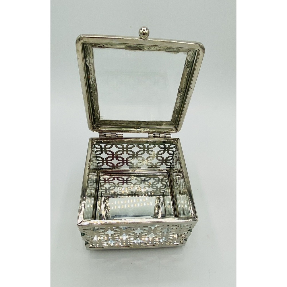 Cynthia Rowley Jewelry Box Silver Tone Filigree Pattern Beveled Glass New York - Picture 7 of 9